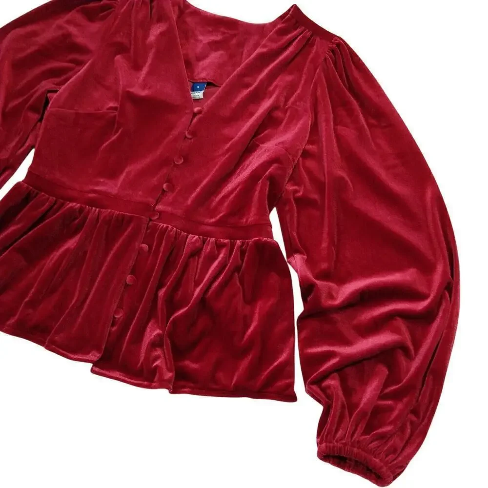 Old Navy Waist Defined Velvet Peplum Top Size S NWT Puff Sleeve Pink Stretch